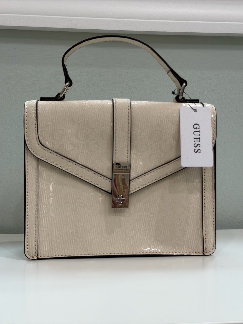NWT GUESS Delvin Satchel Handbag Linen Logo Embossed Top Handle Shoulder Bag